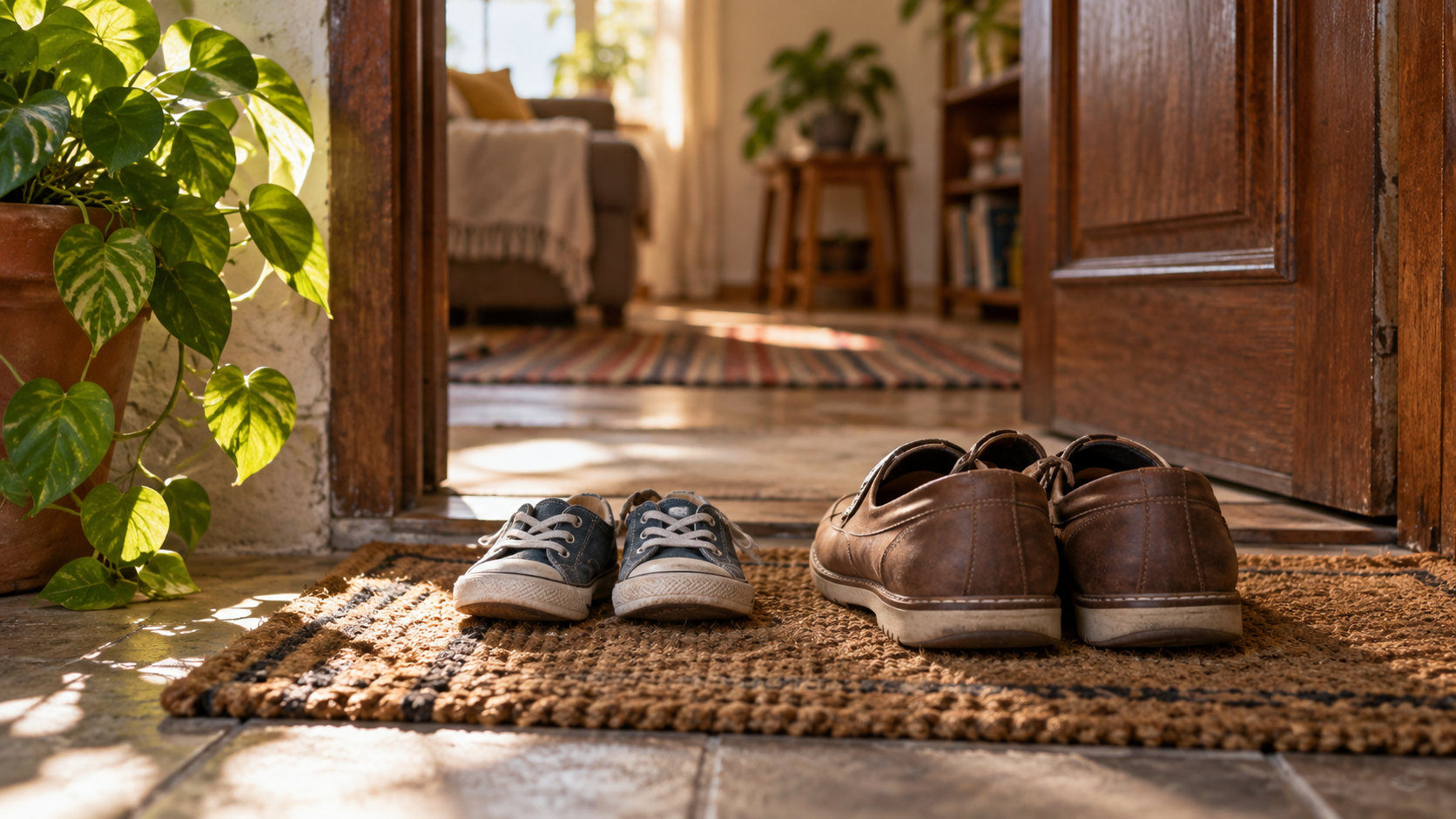 Ilustração de um par de sapatos infantis ao lado de sapatos adultos na entrada de uma casa.