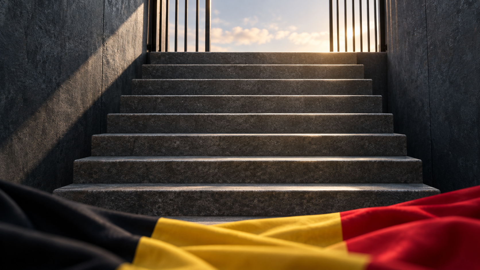 Escadaria de pedra diante de grades abertas, com tecido nas cores da Bélgica.