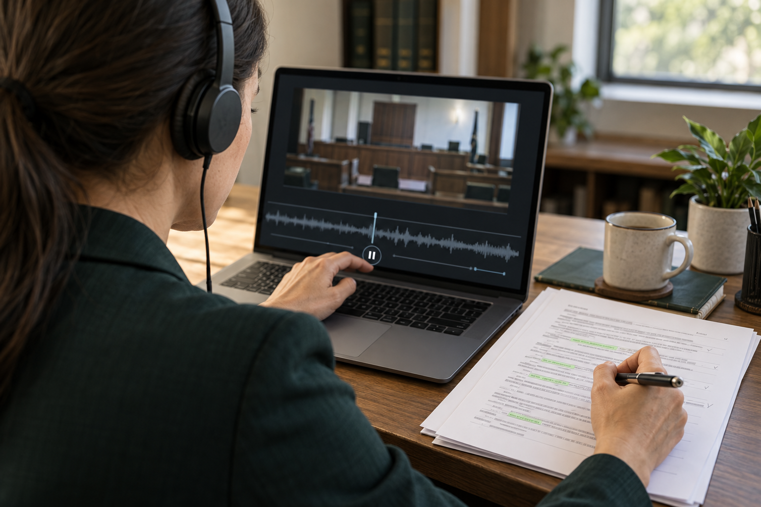 Profissional com fones confere uma gravação no computador e anota uma transcrição, em cena ilustrativa.