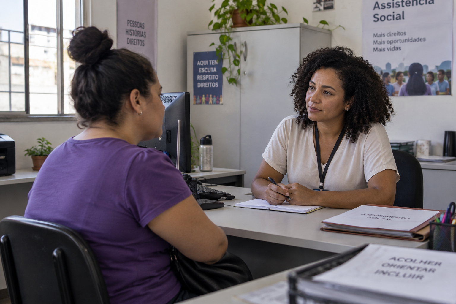 Mulher conversa com profissional em um serviço de atendimento social.
