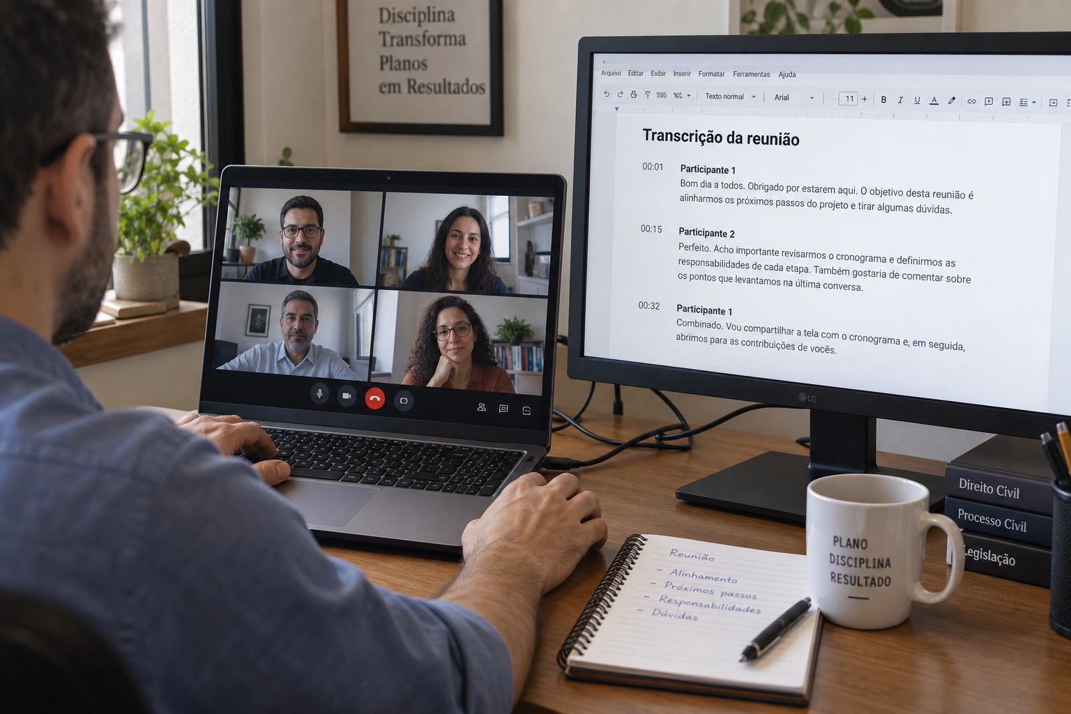 Videoconferência em notebook e transcrição da reunião em um monitor ao lado.