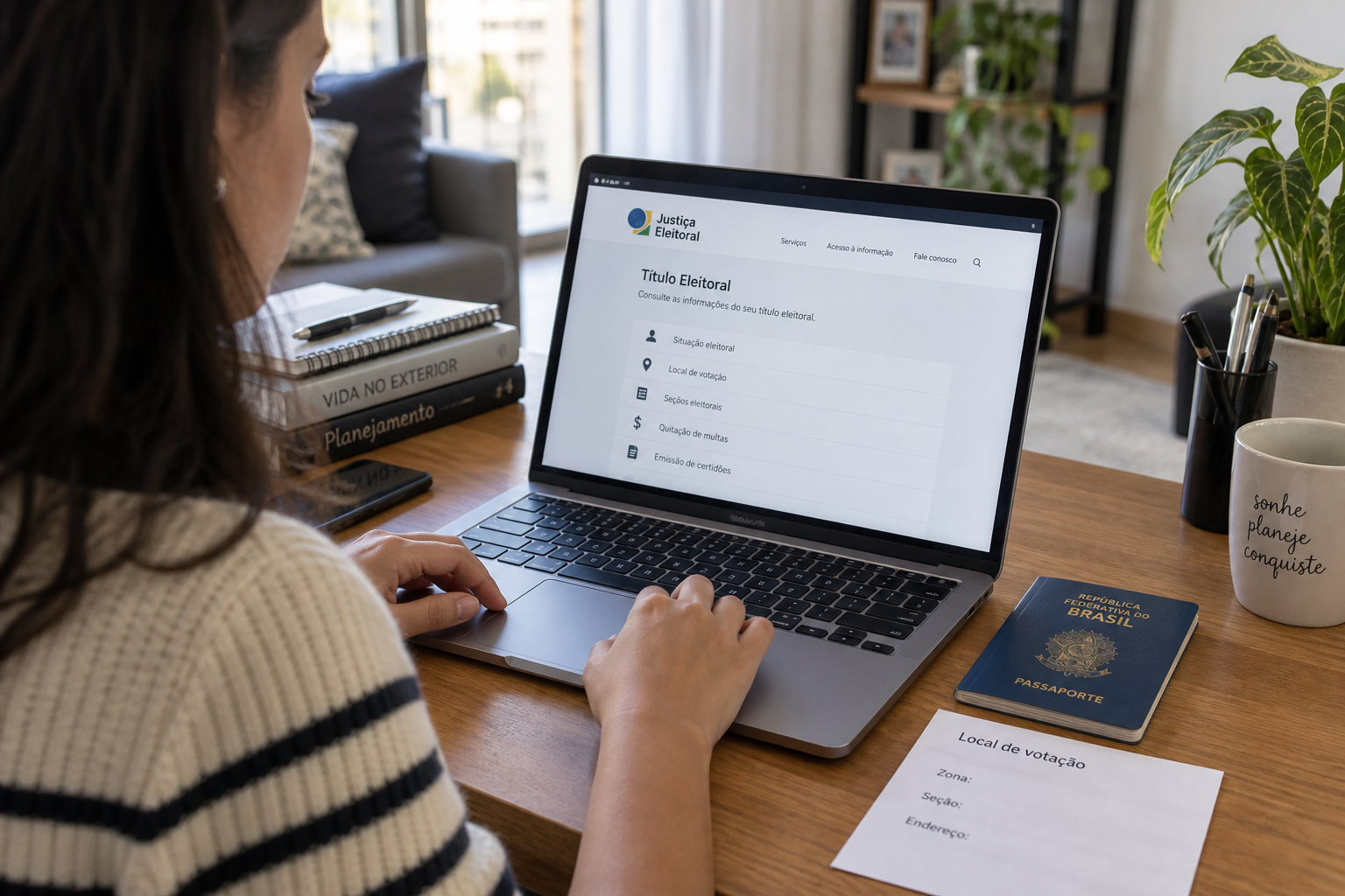 Pessoa consulta informações eleitorais no computador com um passaporte sobre a mesa.
