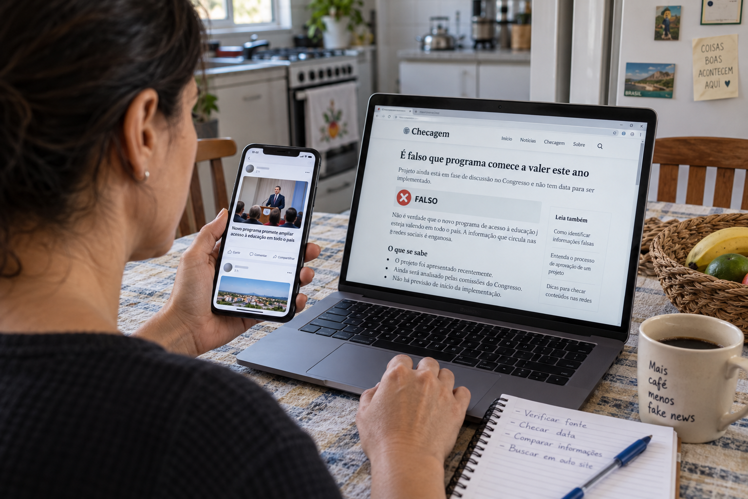 Pessoa compara uma publicação nas redes sociais com uma página de checagem.