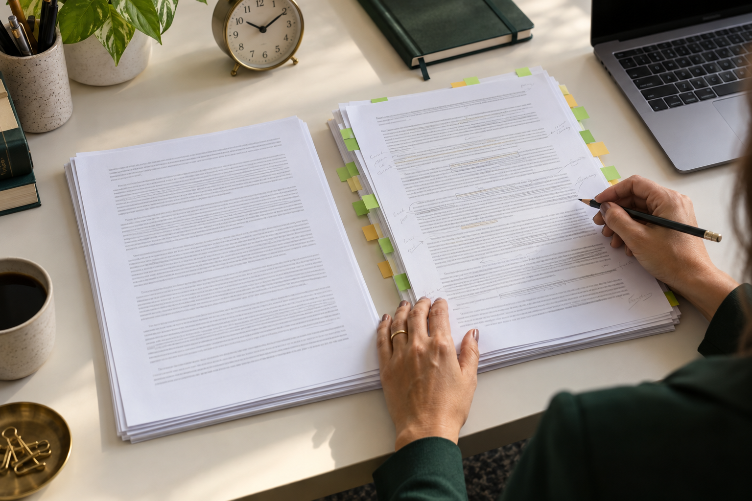Profissional compara documentos com marcações de revisão, ao lado de um computador e de um relógio, em cena fictícia.