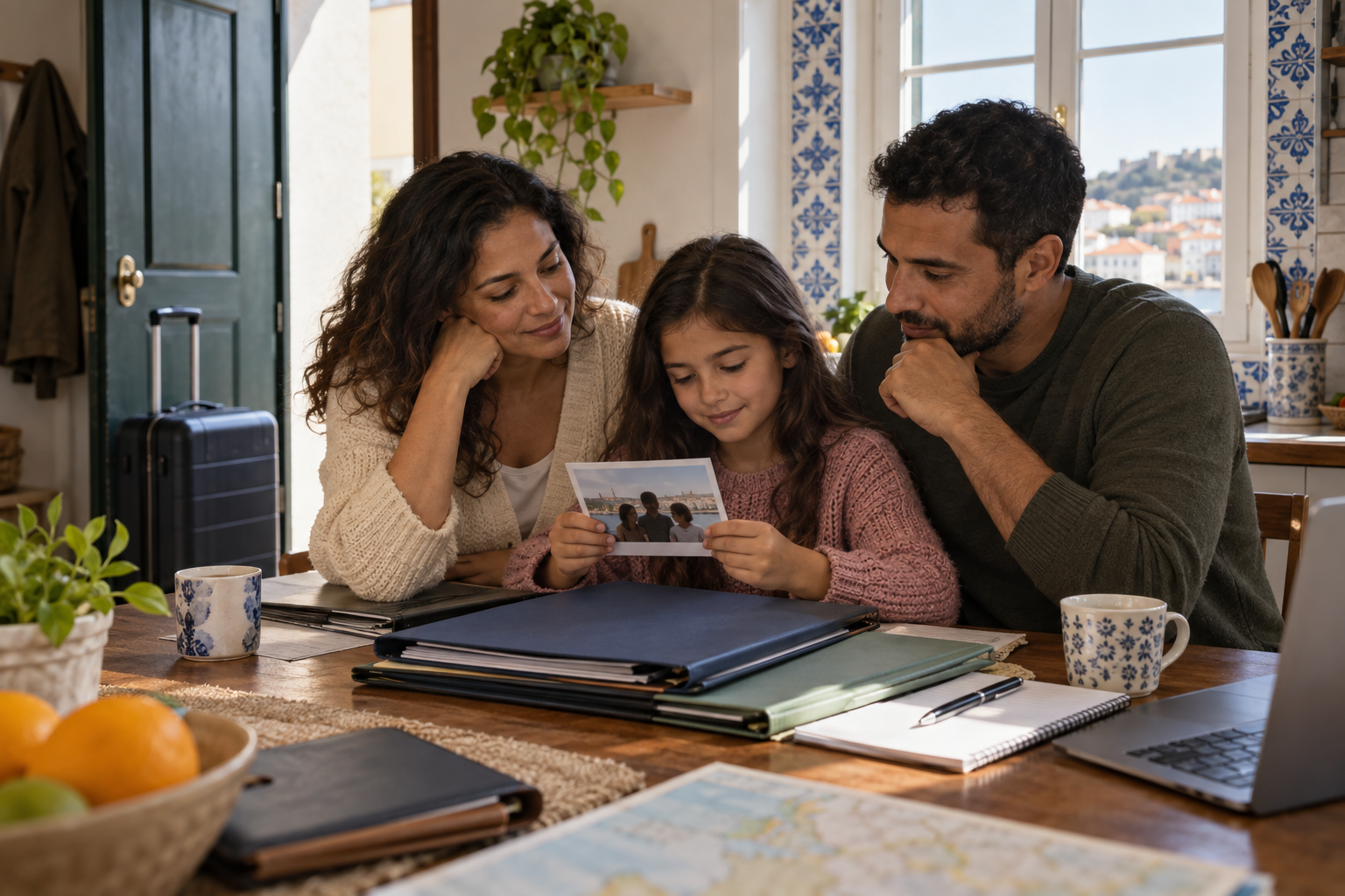 Ilustração de família com criança organizando documentos e uma fotografia em casa.