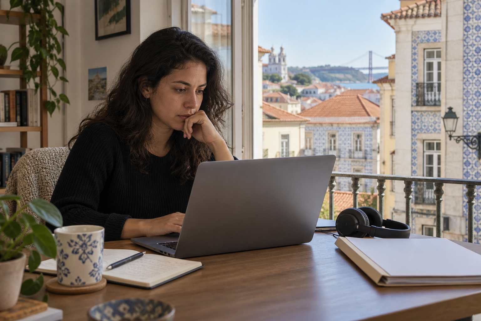Ilustração de profissional trabalhando em notebook junto a uma janela em Portugal.