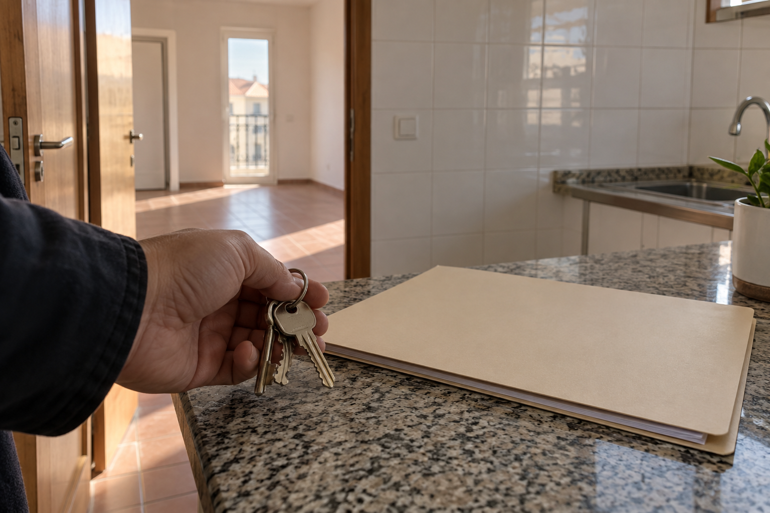 Ilustração de chaves e pasta sobre bancada de apartamento vazio.