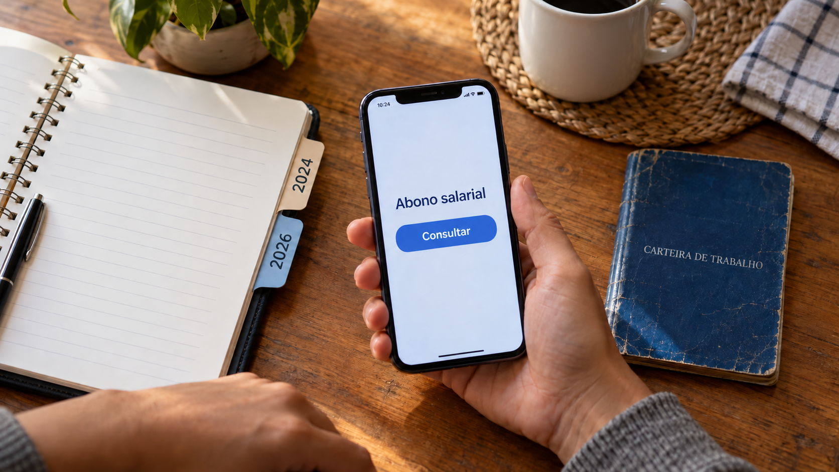 Celular com consulta de abono salarial ao lado de agenda com referências a 2024 e 2026.