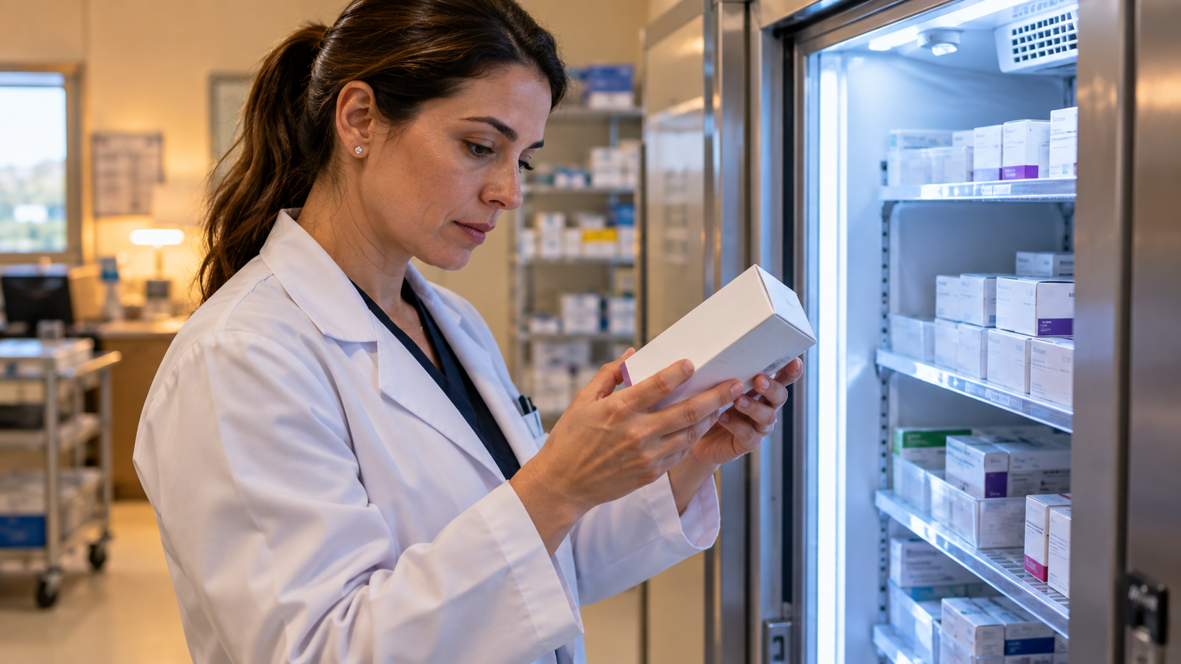 Farmacêutica confere embalagem lacrada diante de refrigerador com medicamentos em cena ilustrativa.