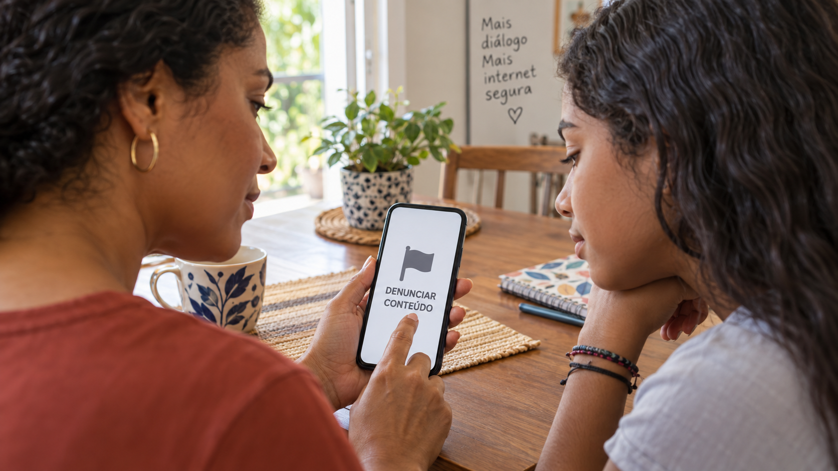 Mulher e adolescente observam uma função ilustrativa de denúncia de conteúdo no celular.