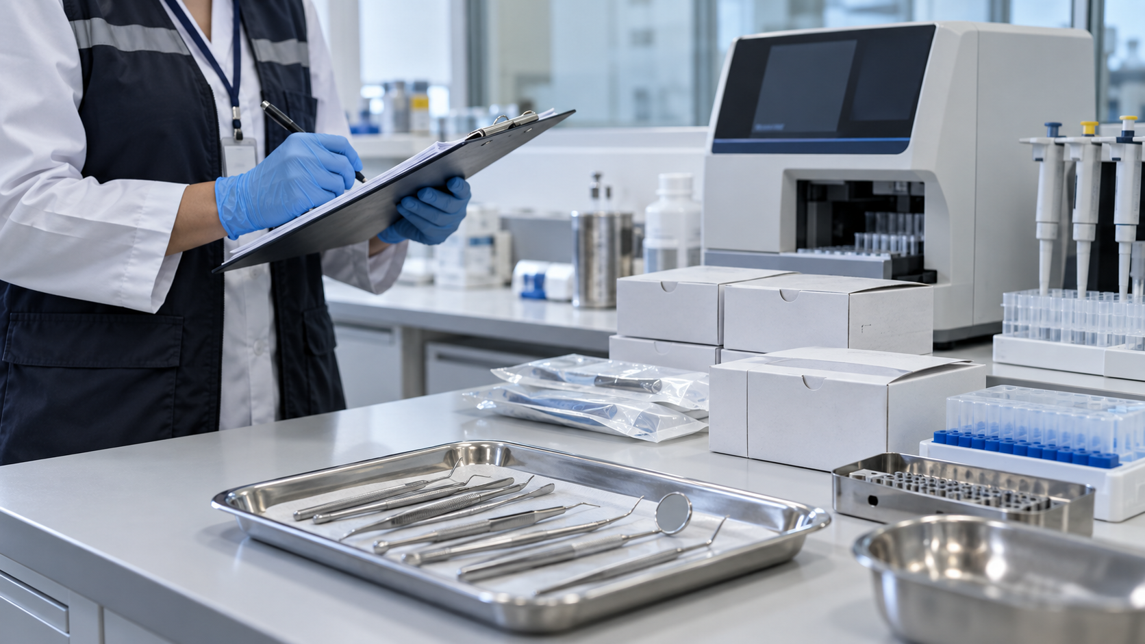 Profissional inspeciona dispositivos médicos em ambiente laboratorial organizado.