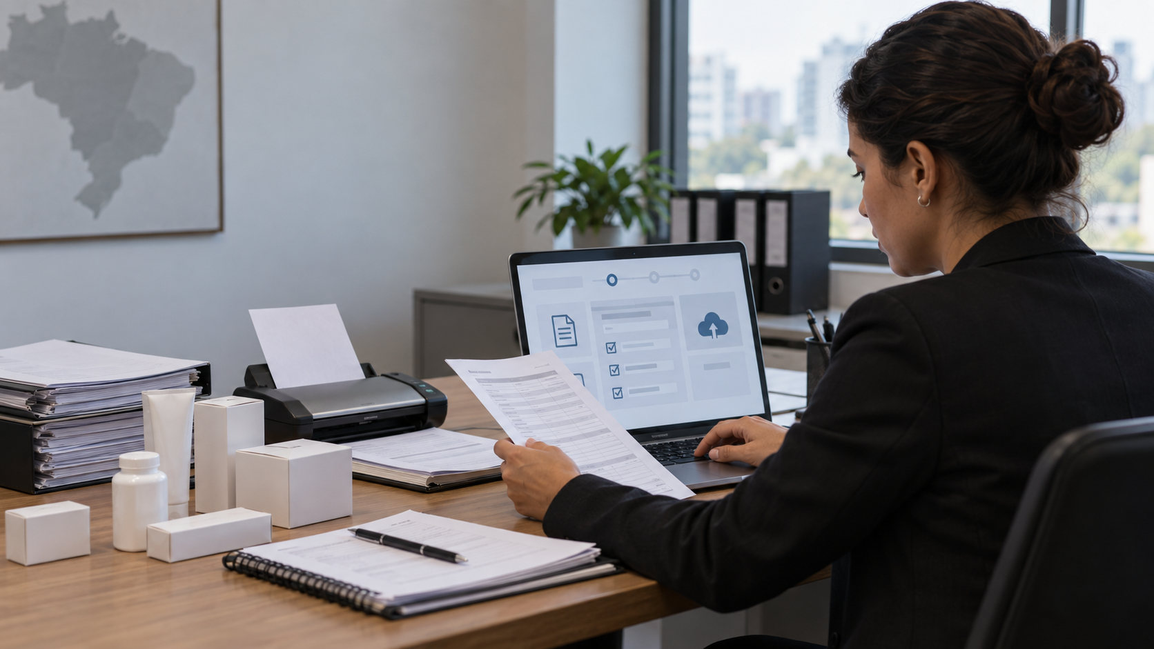 Profissional de conformidade confere documentos e formulário digital em escritório.