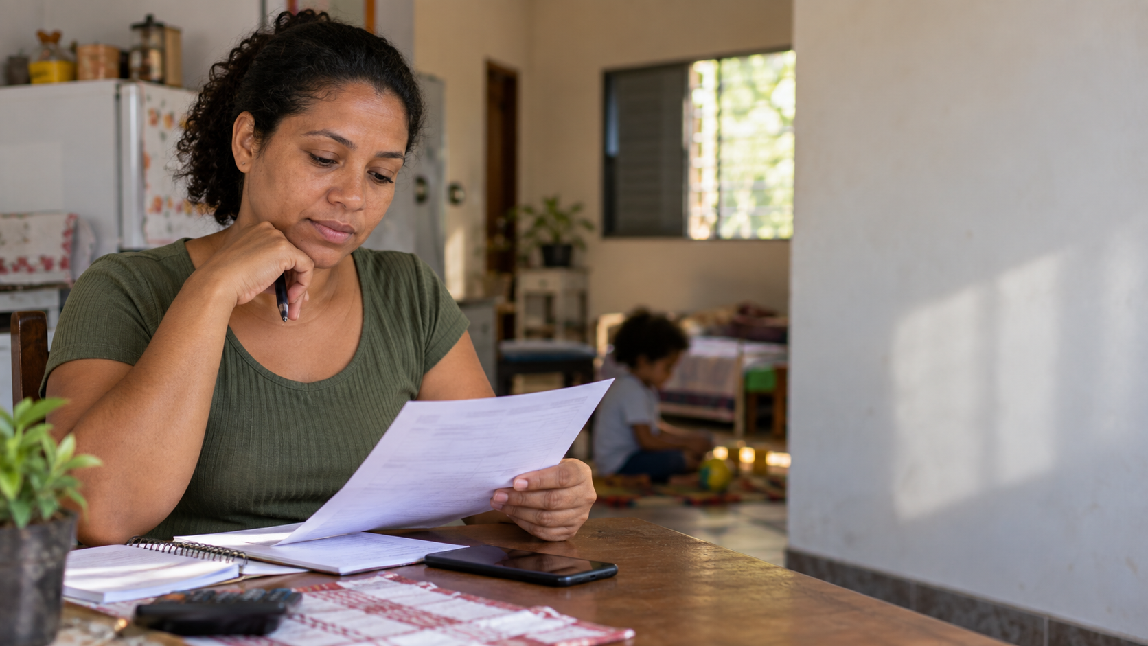 Mulher confere o orçamento doméstico em uma mesa, com celular e documentos.