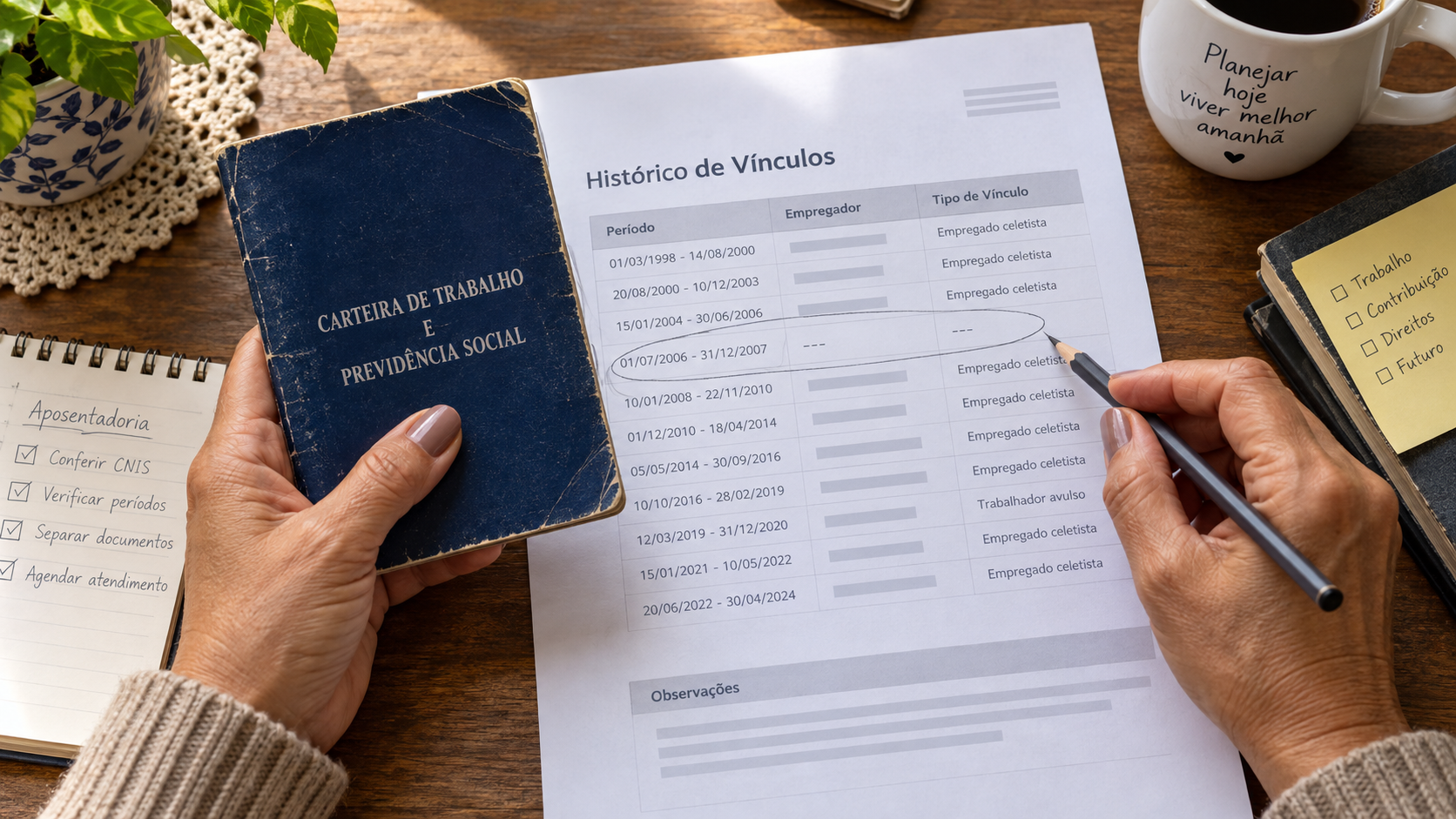 Mãos comparam carteira de trabalho com uma relação ilustrativa de vínculos profissionais.