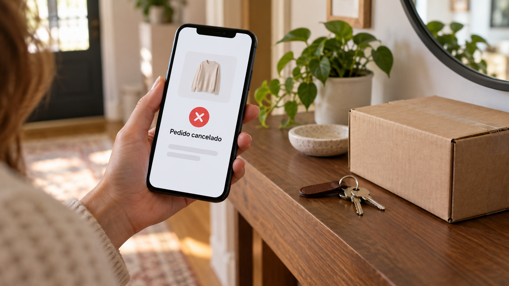 Celular mostra aviso ilustrativo de pedido cancelado ao lado de uma caixa sem marca.