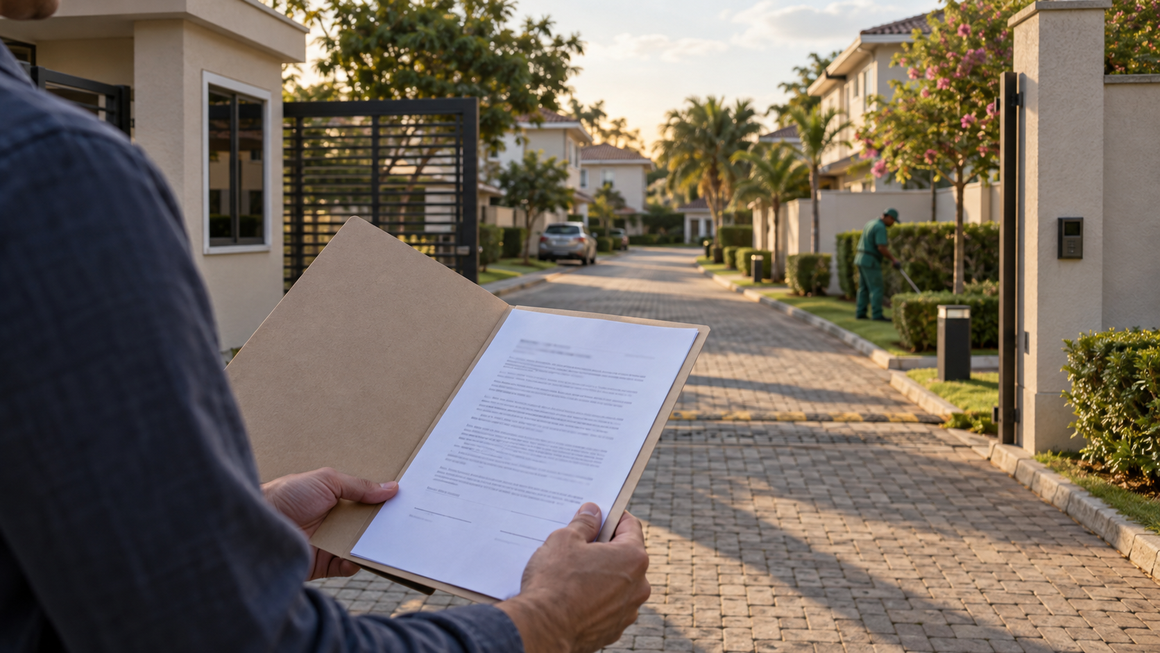 Pessoa segura pasta de documentos diante da entrada de um conjunto residencial.