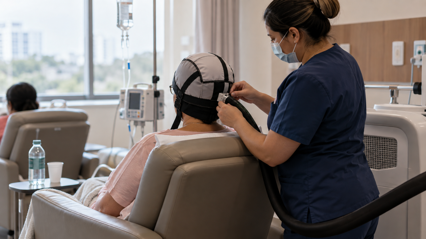 Profissional de enfermagem ajusta touca de resfriamento em paciente durante sessão de quimioterapia.
