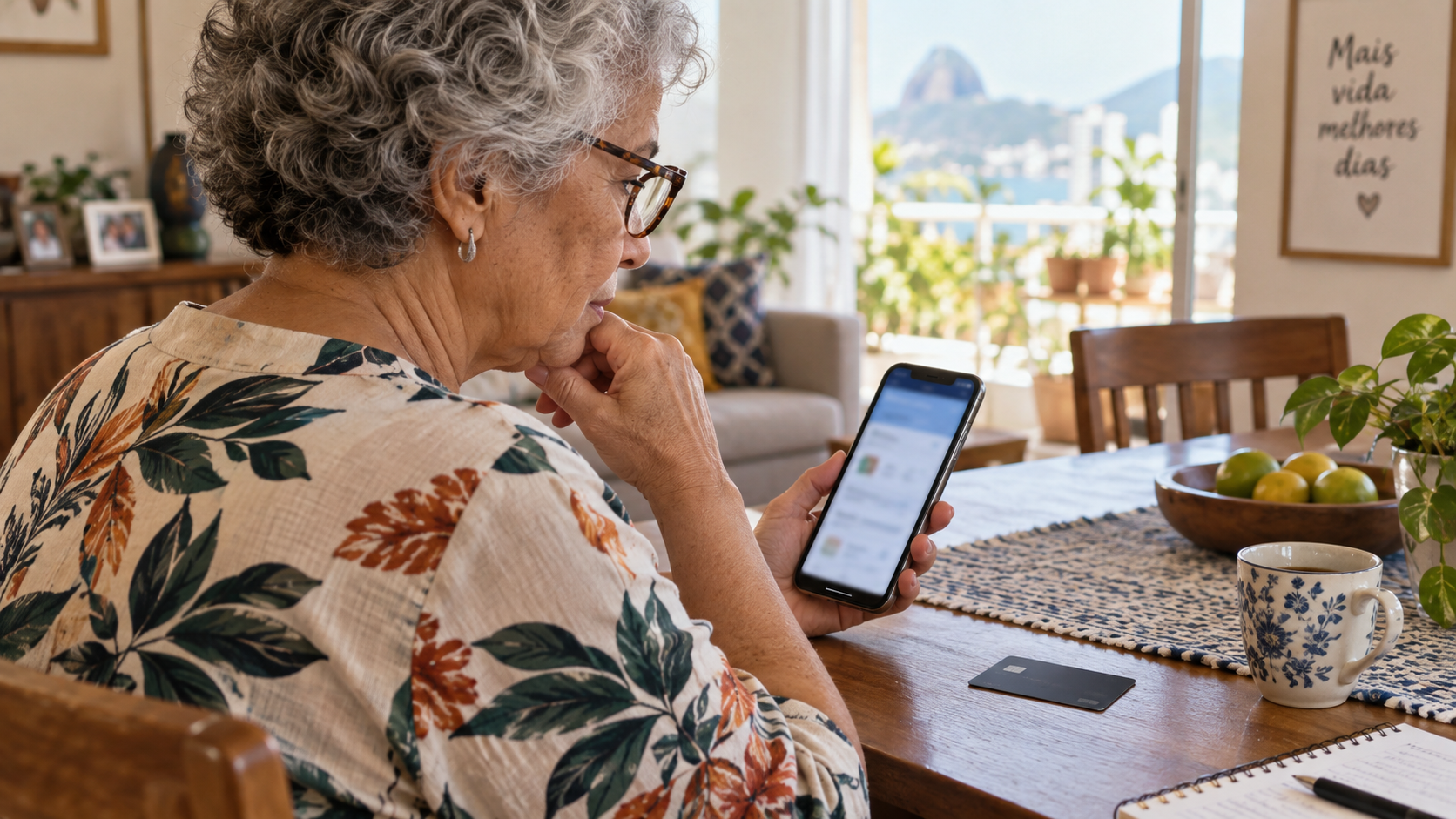 Mulher idosa consulta o próprio celular em casa, com cartão bancário sobre a mesa.