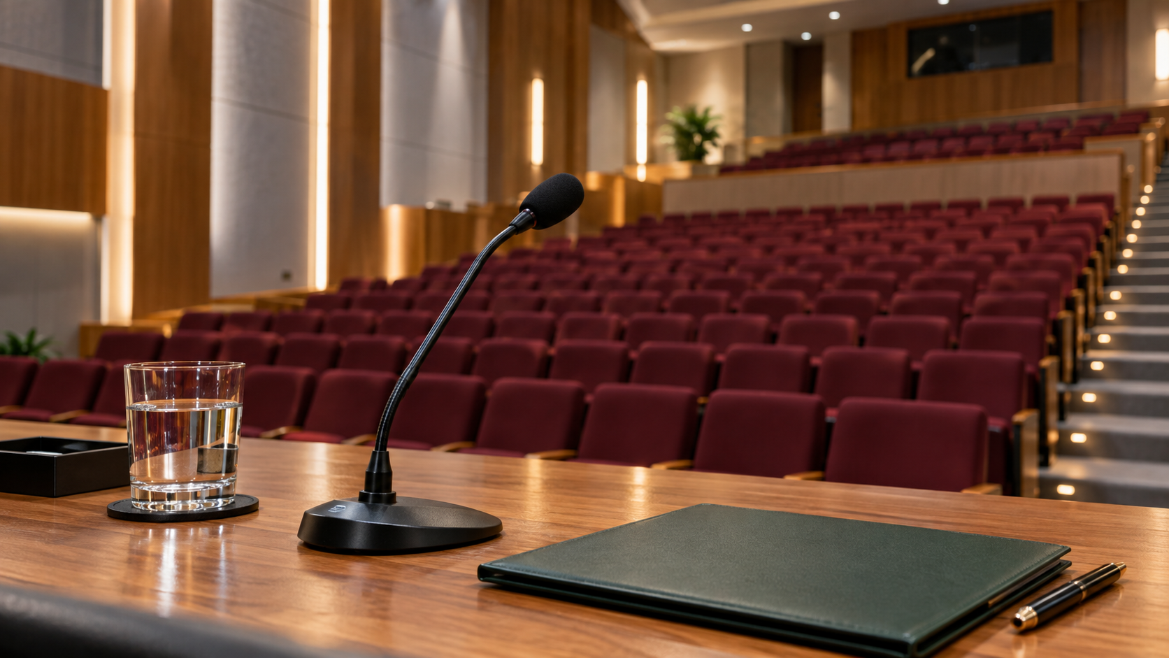 Microfone e pasta sobre mesa de debates diante de um auditório vazio.