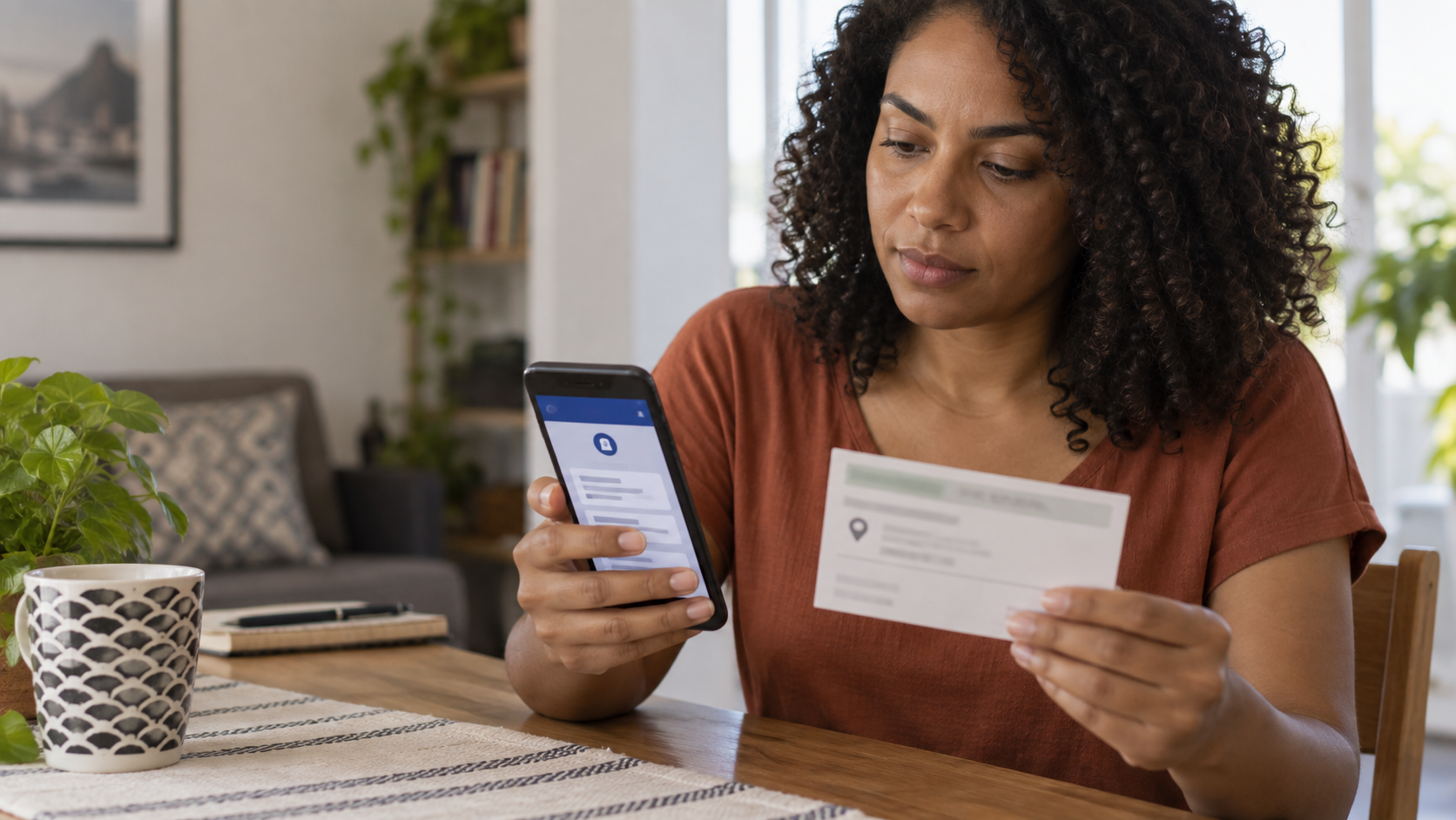 Eleitora segura celular com aplicativo cívico genérico e cartão de local de votação.