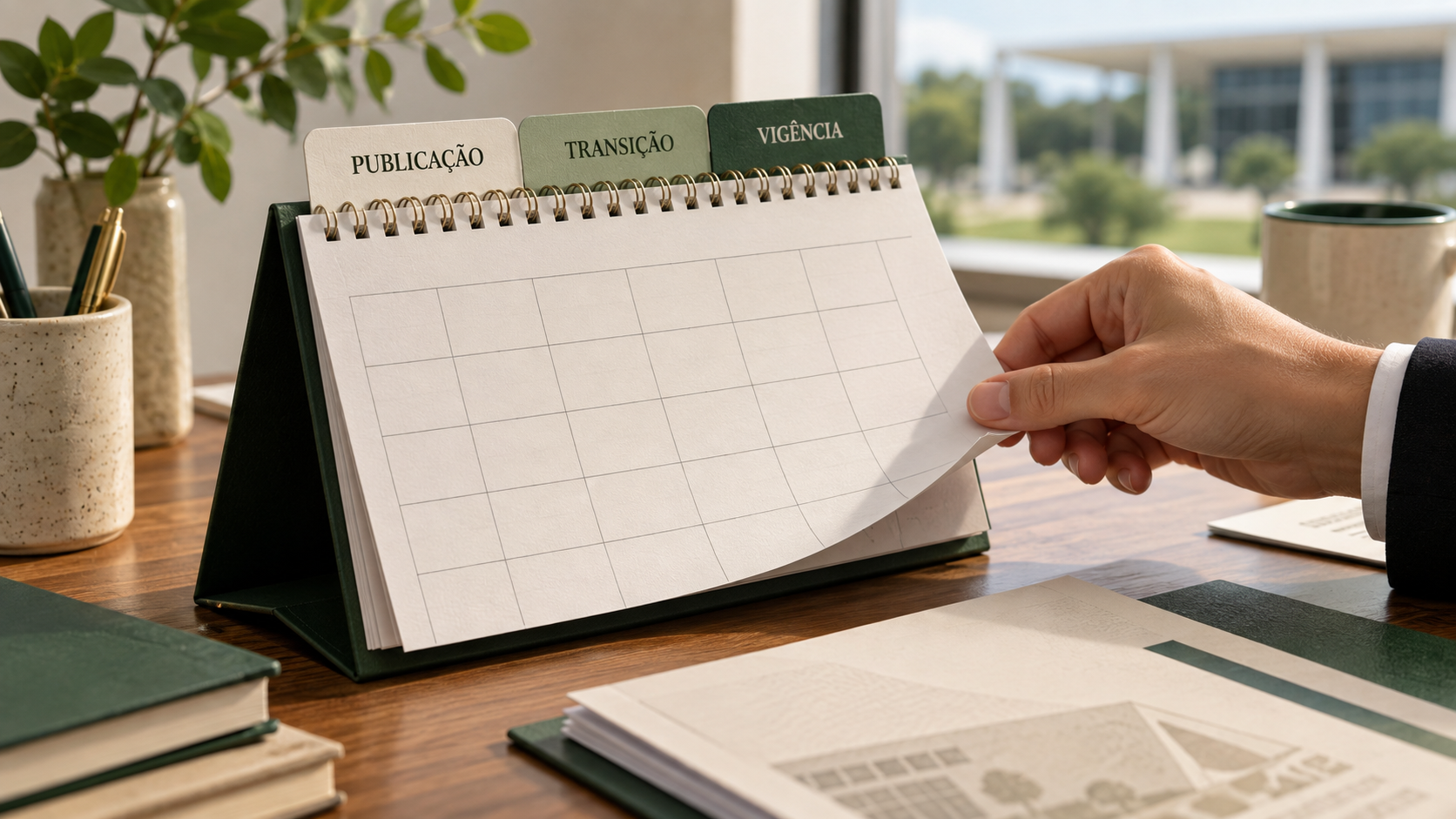 Calendário ilustrativo sem datas com abas de publicação, transição e vigência.