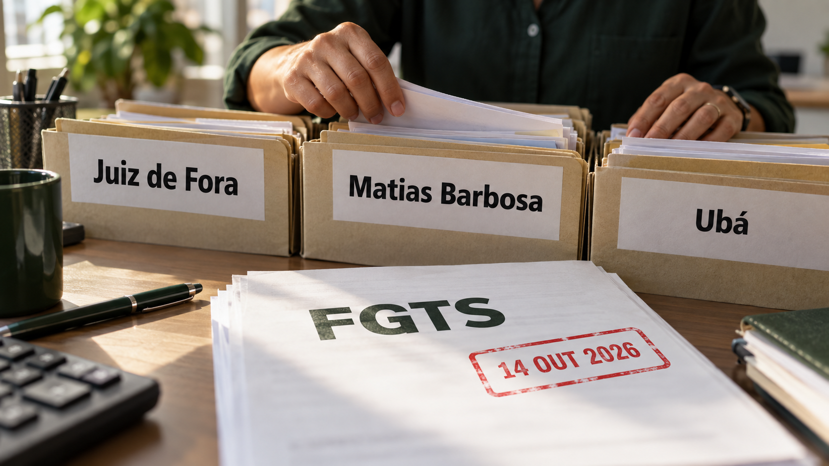 Pastas identificadas com Juiz de Fora, Matias Barbosa e Ubá ao lado de folha ilustrativa do FGTS.
