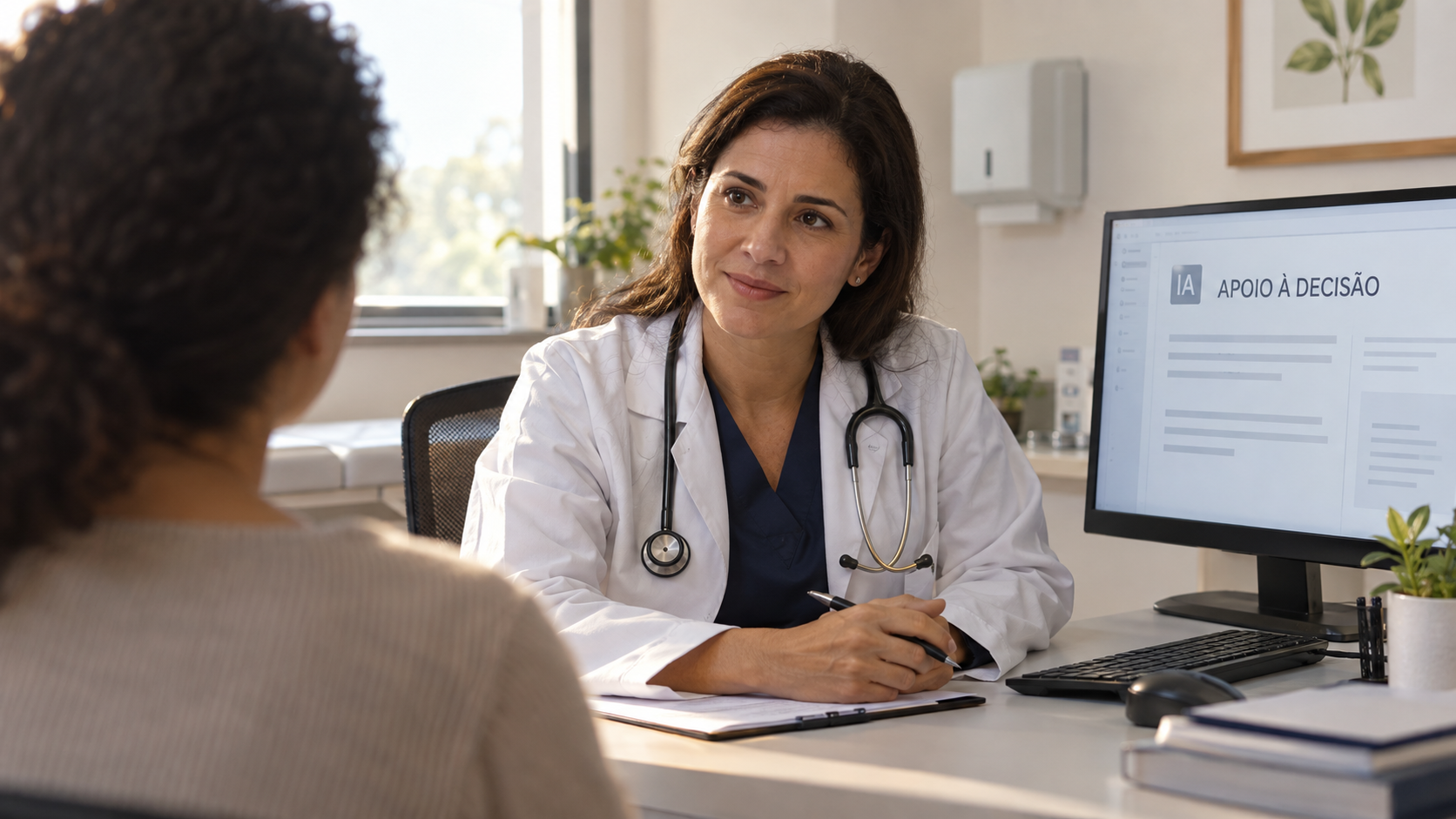 Médica conversa com paciente diante de monitor que indica apoio de IA à decisão.