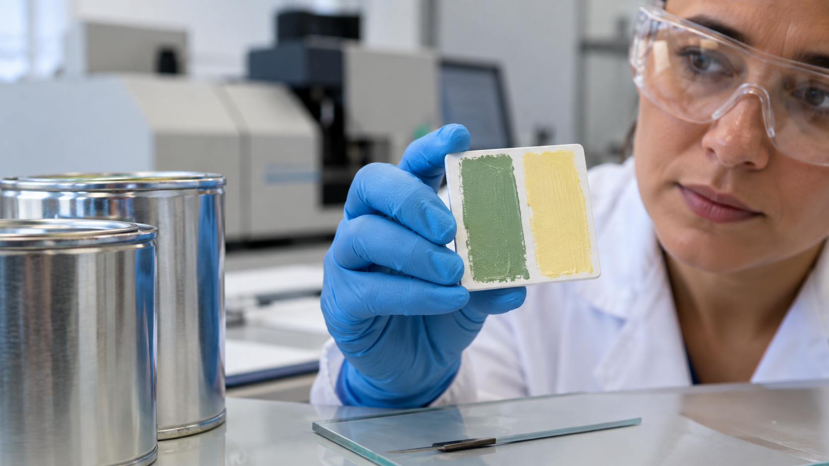 Técnica examina amostra seca de revestimento em laboratório ilustrativo, ao lado de latas sem marca.