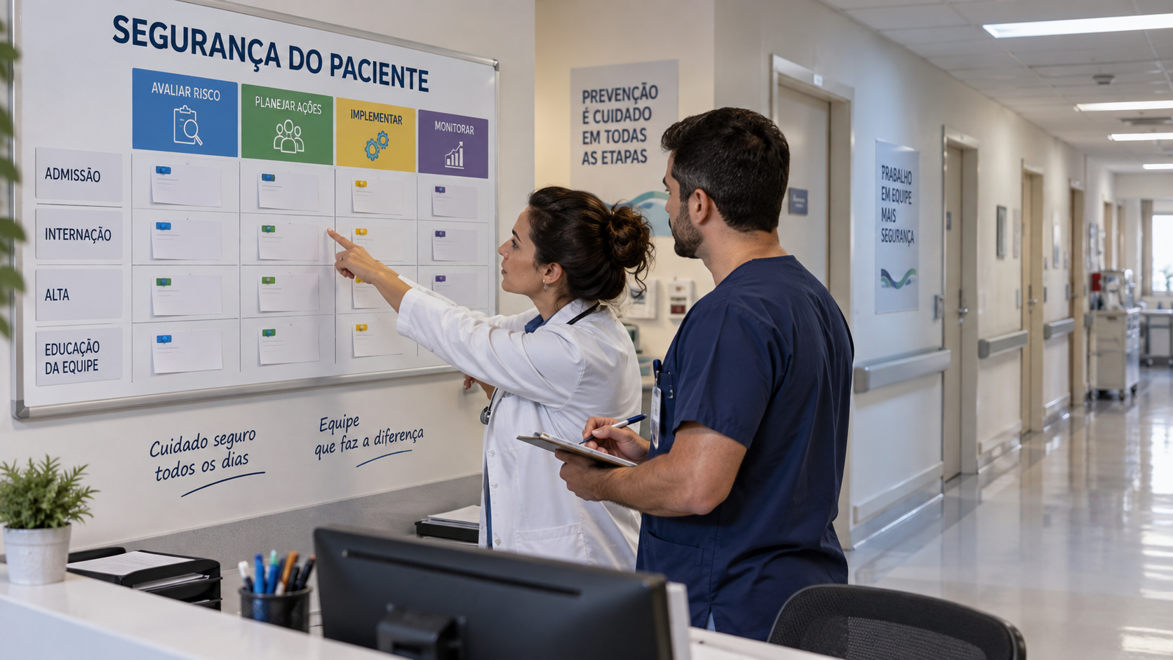 Equipe de saúde confere quadro ilustrativo de segurança do paciente em posto de enfermagem.