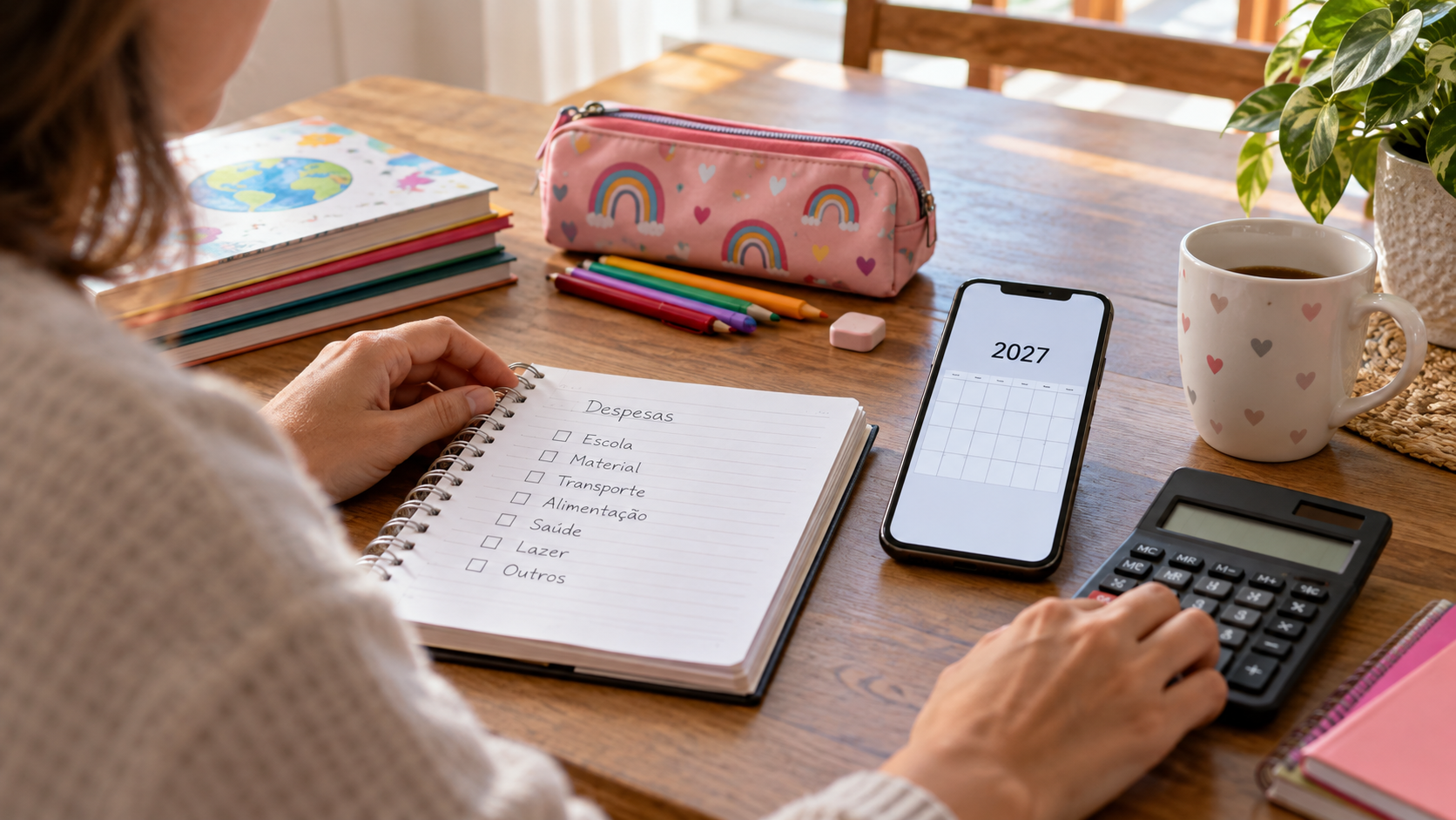 Pessoa organiza despesas e material escolar ao lado de celular com referência a 2027.
