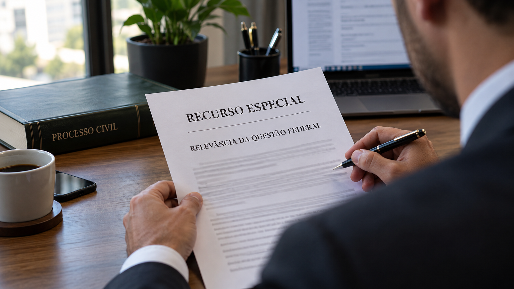 Profissional revisa documento ilustrativo com os títulos Recurso Especial e Relevância da Questão Federal.