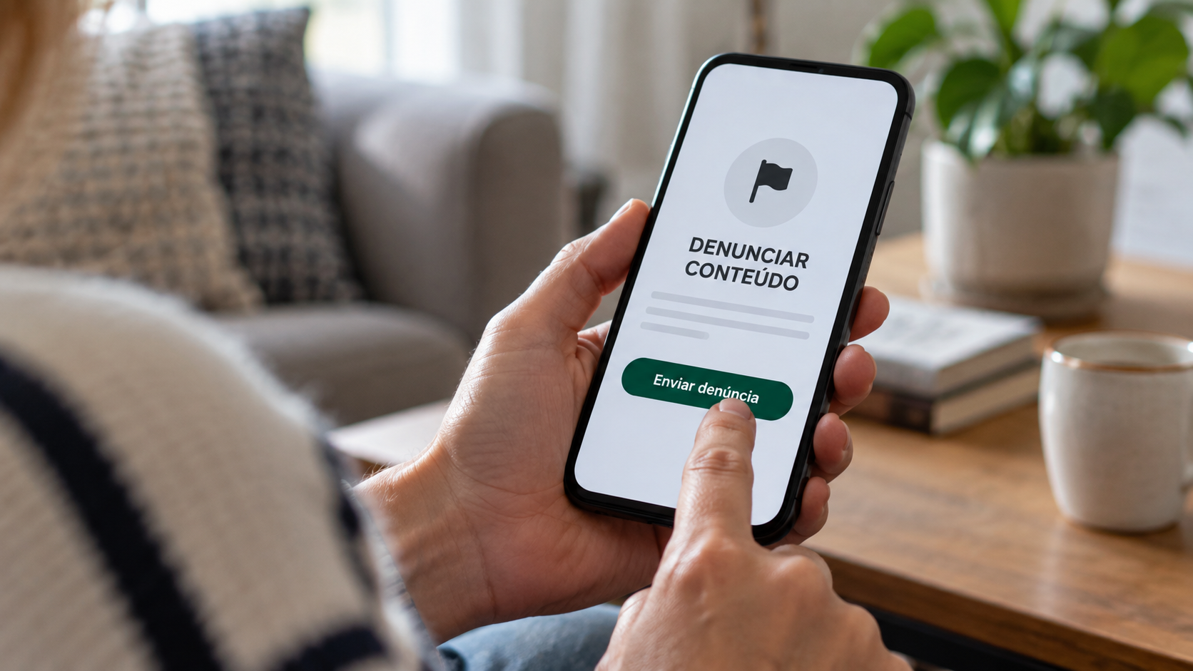 Mãos de pessoa adulta usam interface fictícia de denúncia de conteúdo em um celular.