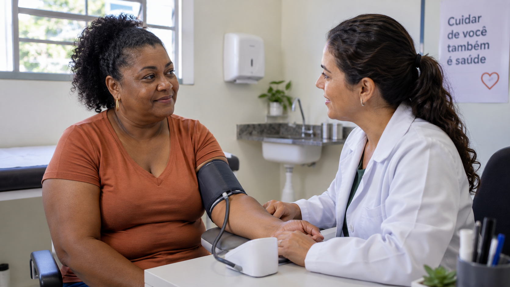 Mulher adulta conversa com médica durante avaliação ilustrativa de pressão arterial.