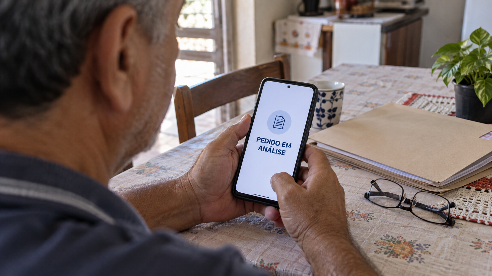 Homem consulta em celular uma tela ilustrativa com pedido em análise.