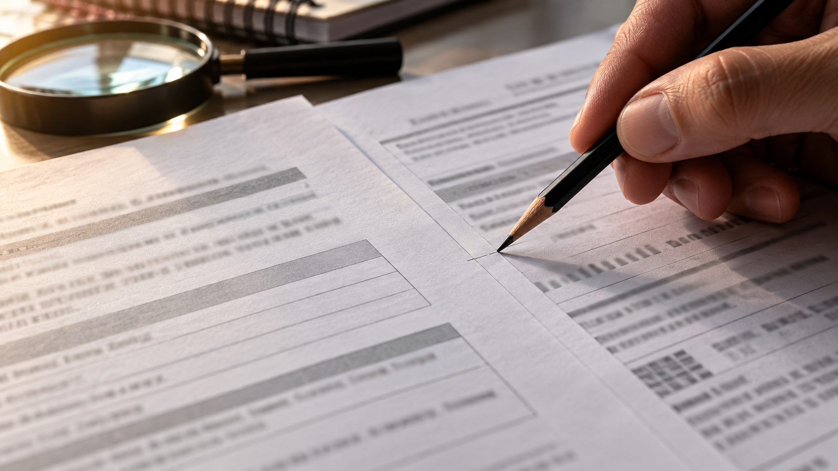 Mão compara páginas de documentos fictícios sobre uma mesa.