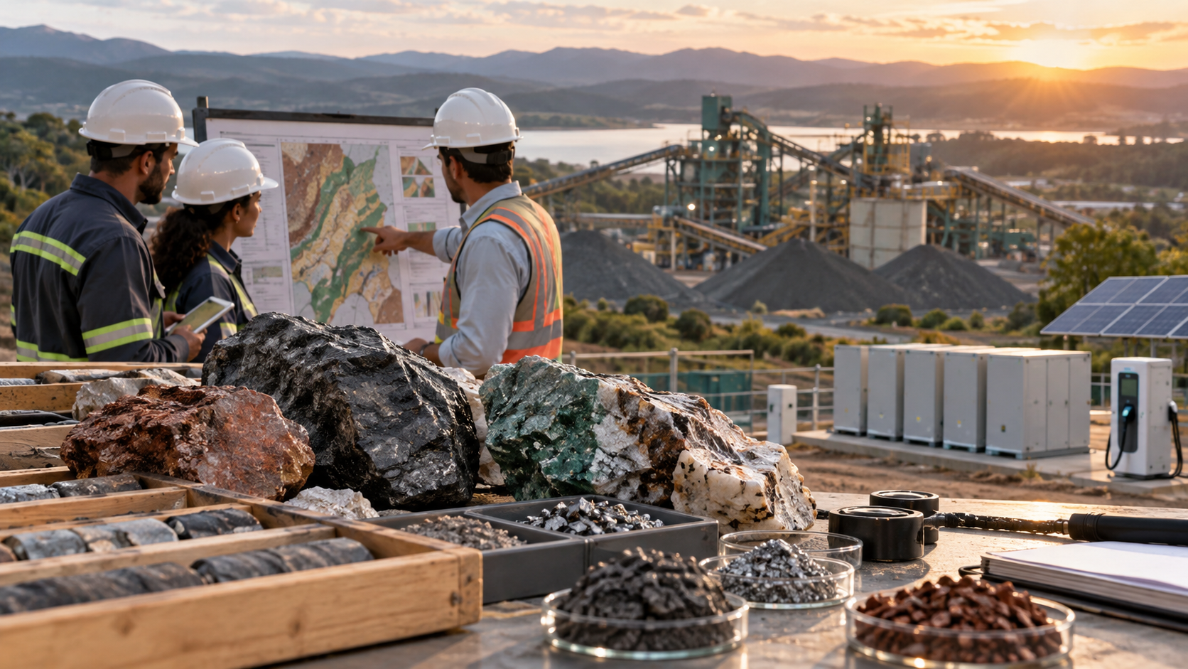 Amostras minerais ao lado de instalação industrial e estruturas de energia limpa.