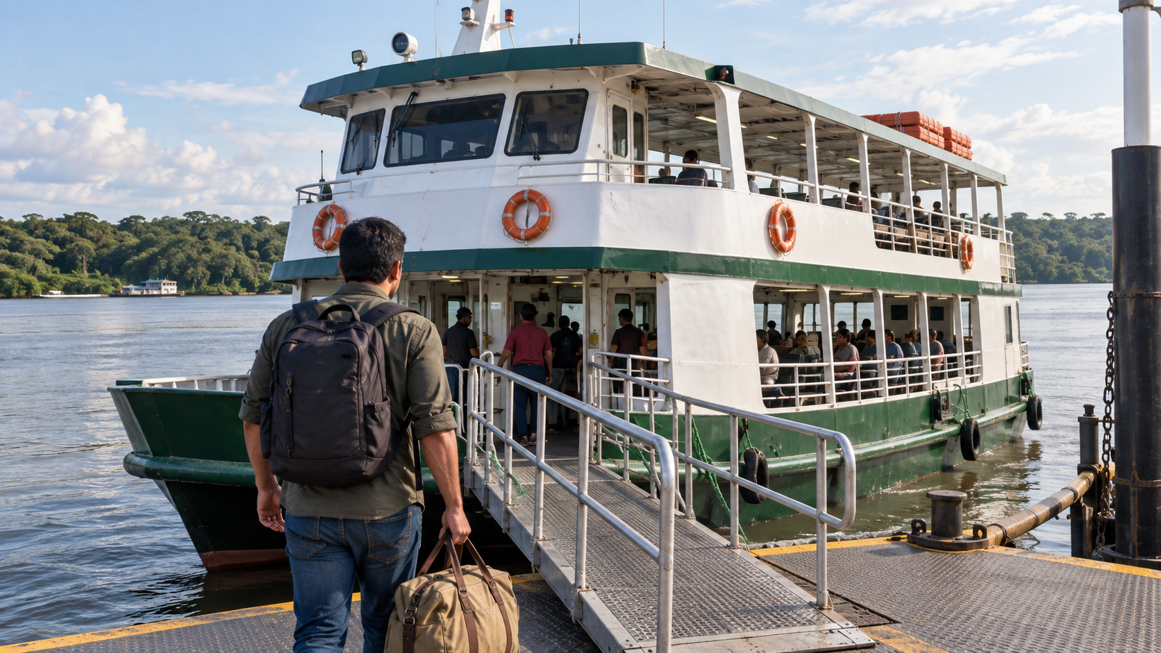 Embarcação de passageiros atracada em terminal fluvial com viajante próximo à passarela.