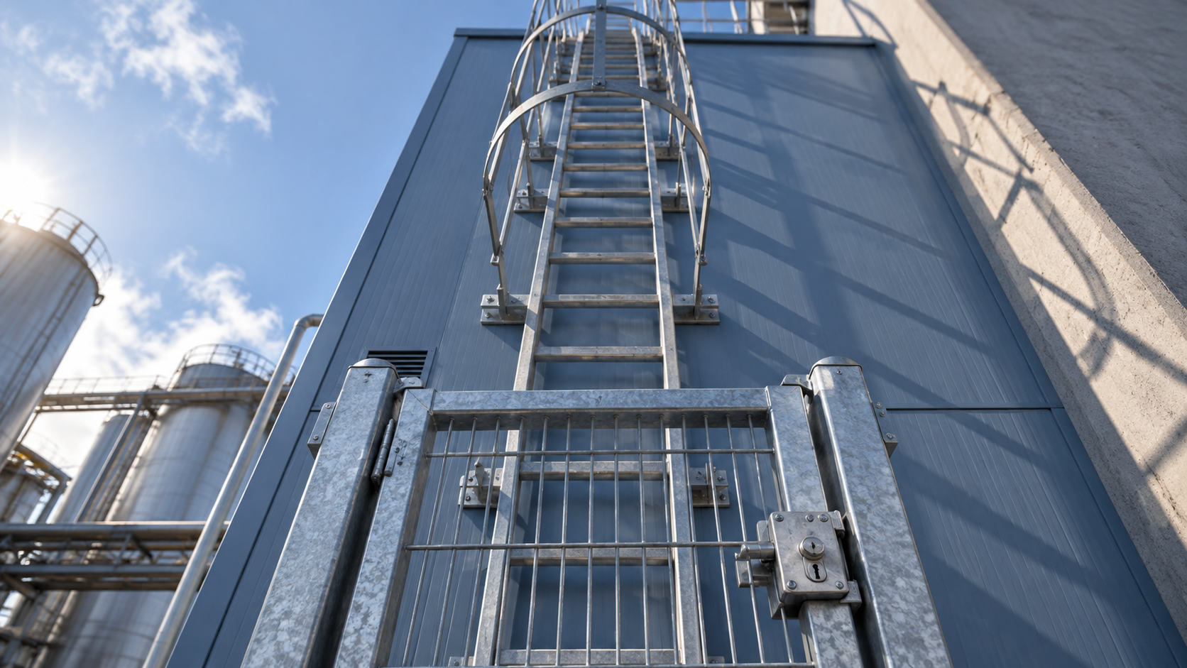 Escada fixa vertical vazia em instalação industrial, com acesso fechado no nível do solo.