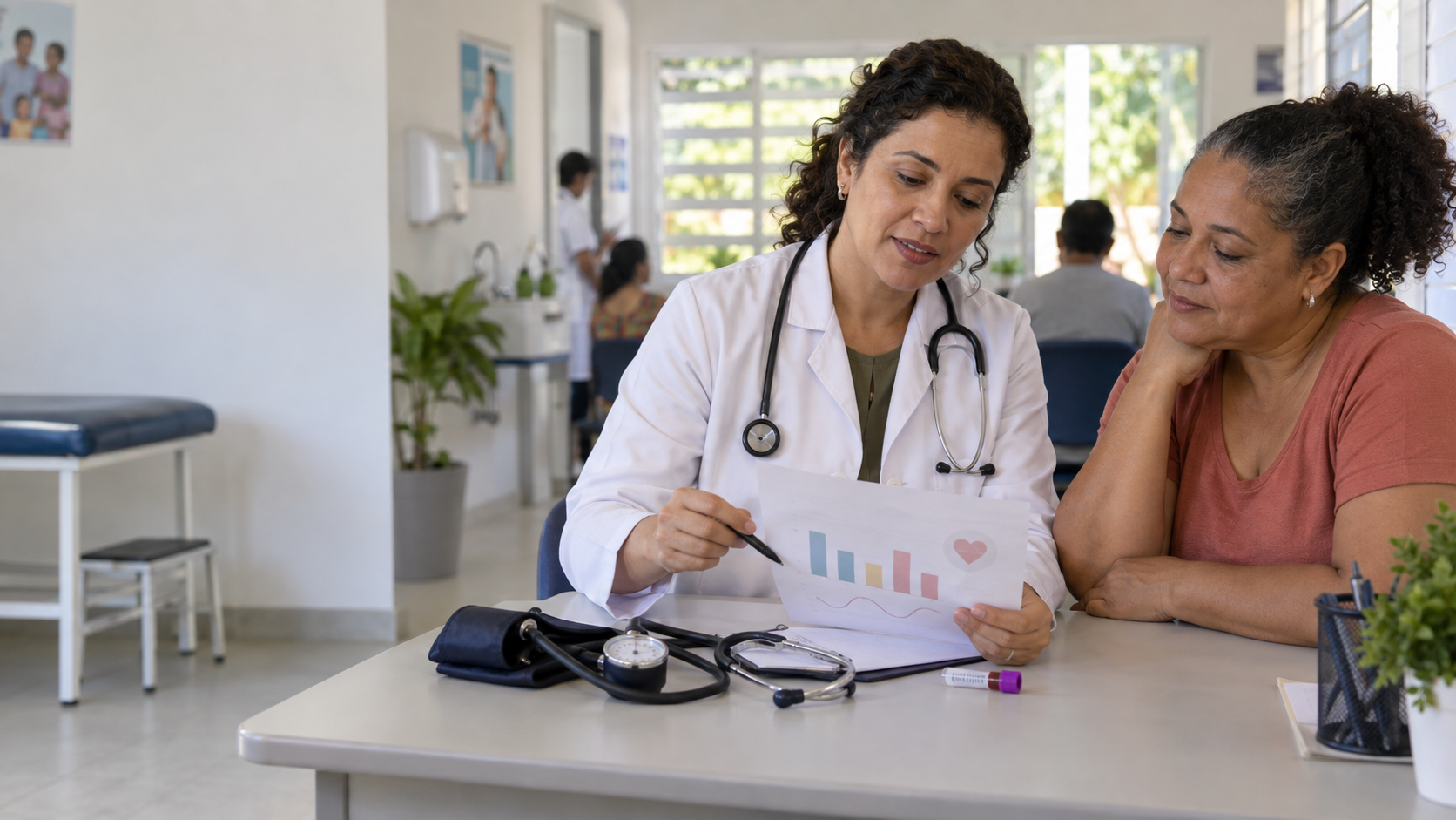 Médica conversa com paciente sobre resultados e prevenção cardiovascular em uma unidade de saúde.