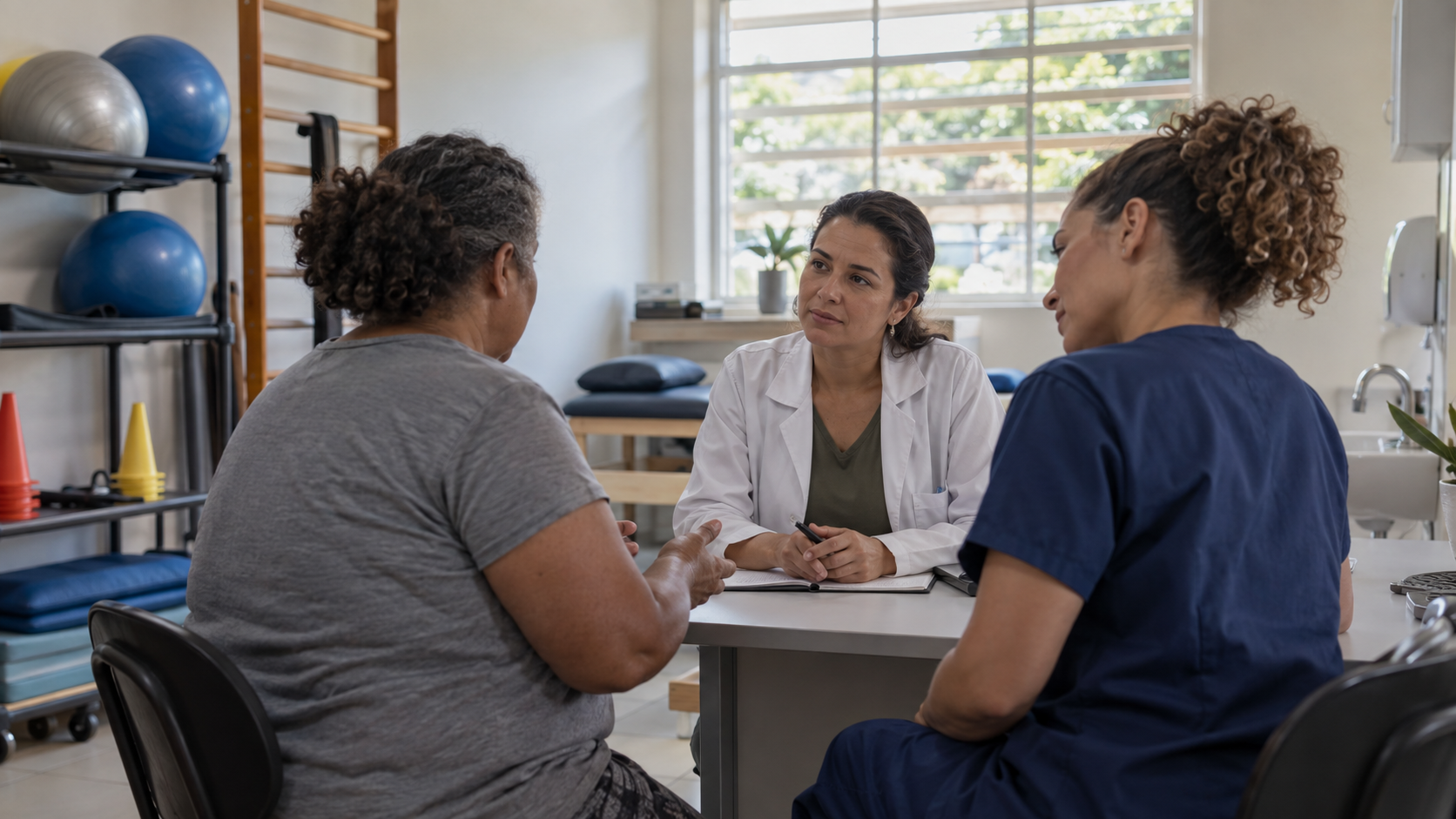 Paciente conversa com médica e fisioterapeuta em atendimento multidisciplinar sobre dor crônica.