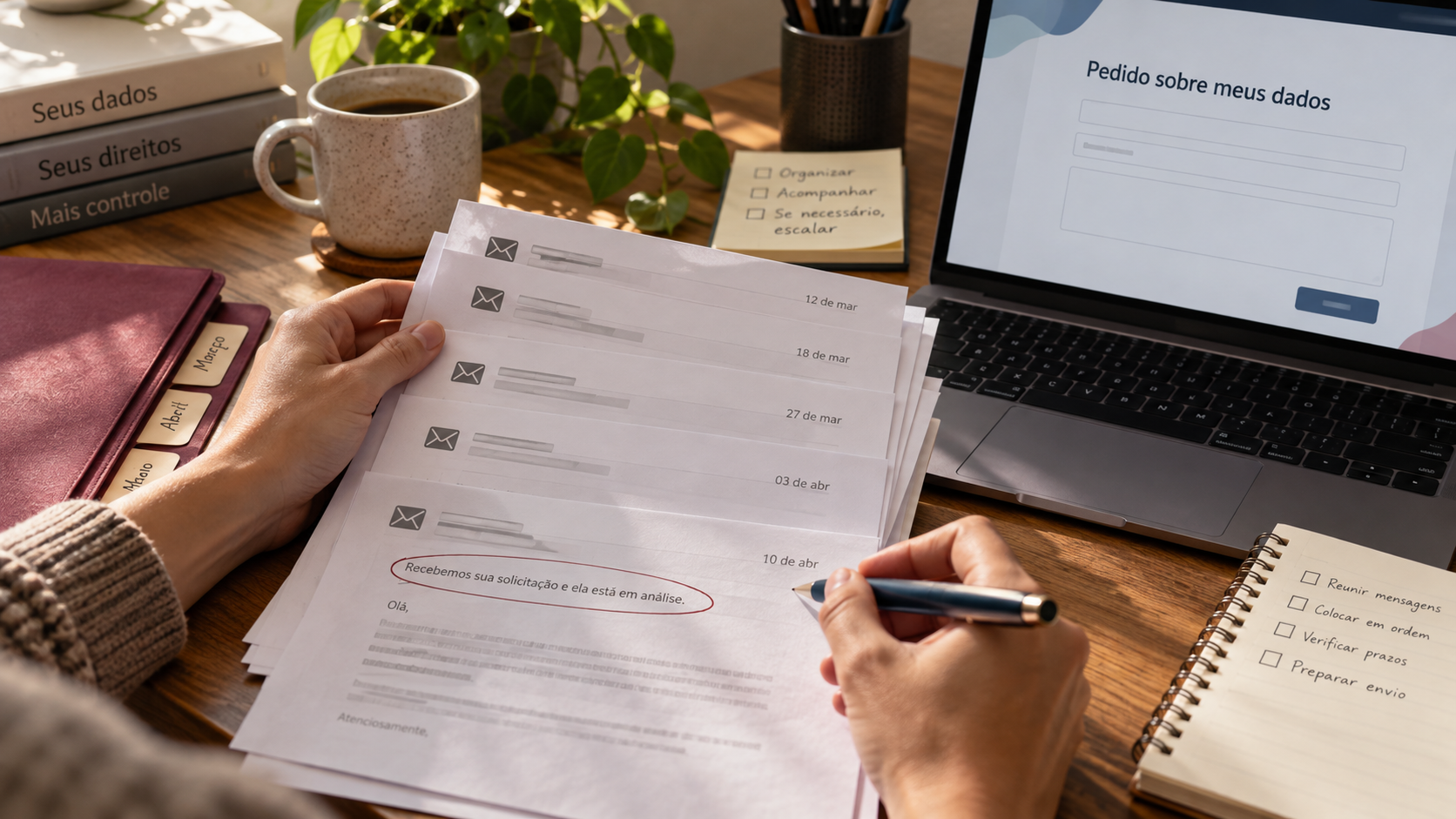 Pessoa organiza mensagens impressas ao lado de formulário ilustrativo sobre dados pessoais.
