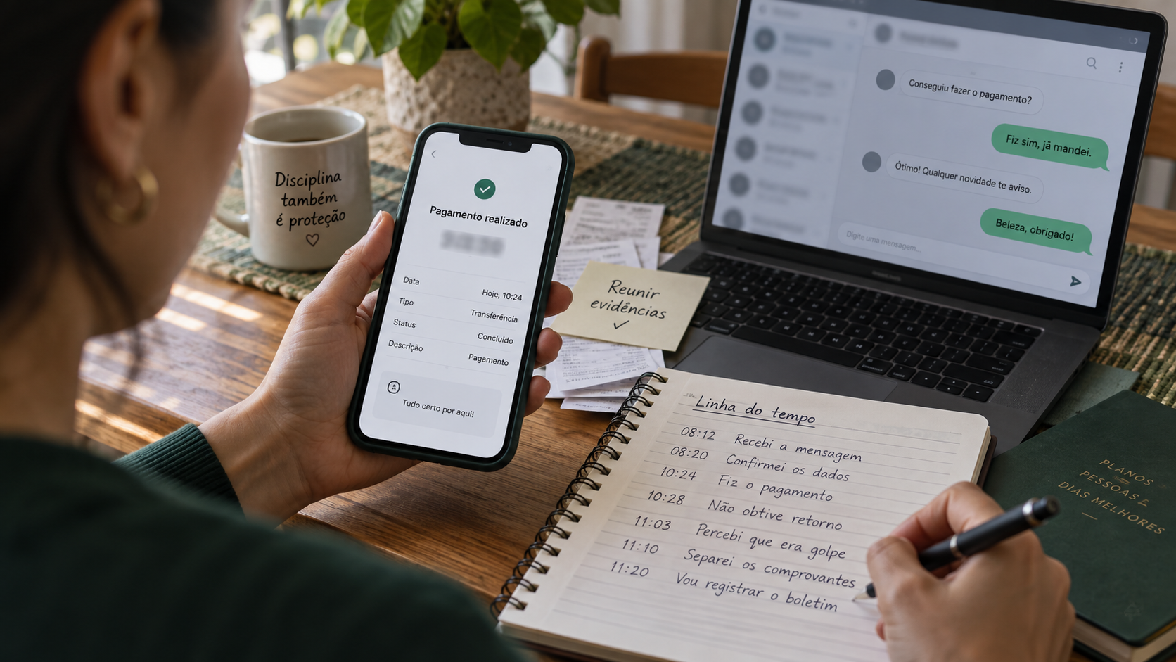 Pessoa organiza registros de uma transferência em celular, computador e caderno.