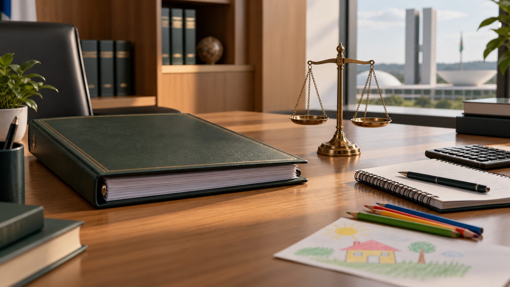 Pasta legislativa fictícia, balança e materiais de desenho sobre mesa institucional.