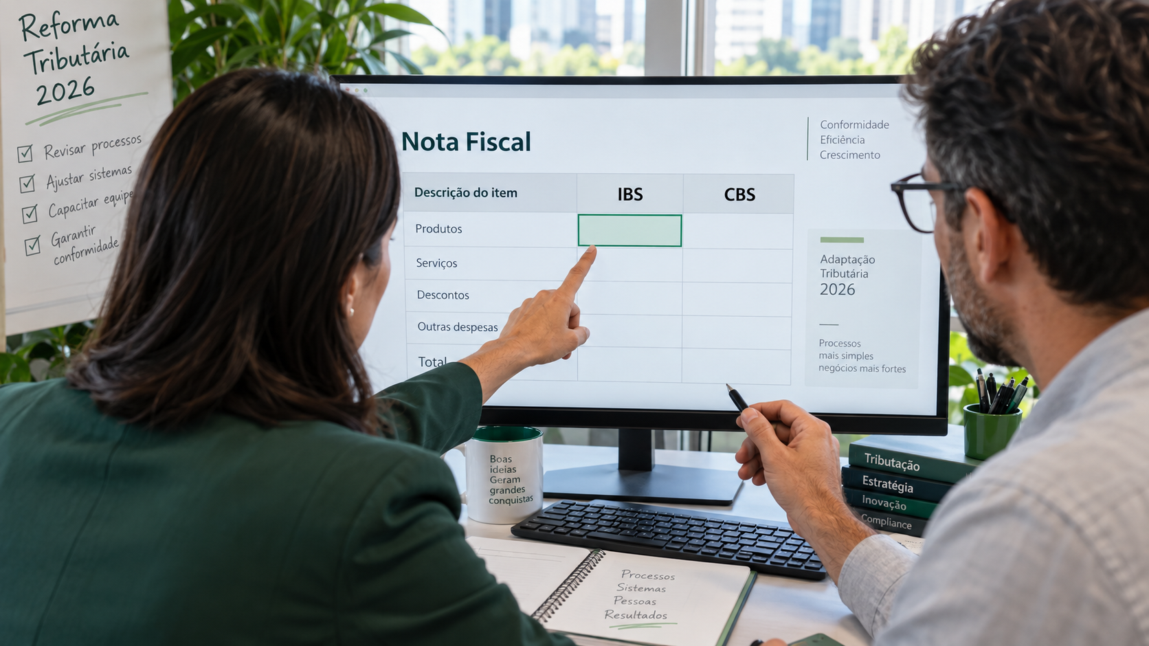 Profissionais revisando uma tabela ilustrativa com campos de IBS e CBS.