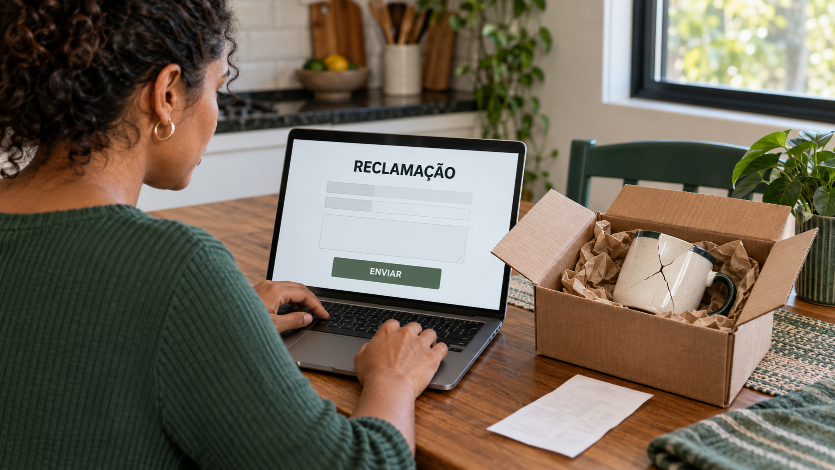 Mulher prepara reclamação em notebook ao lado de encomenda com xícara danificada.