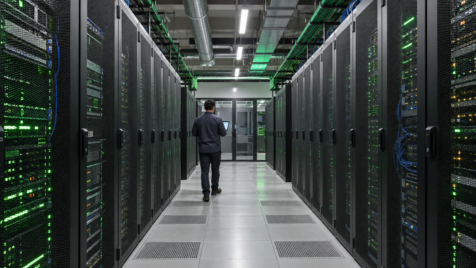 Técnico percorre corredor de servidores em um data center moderno.