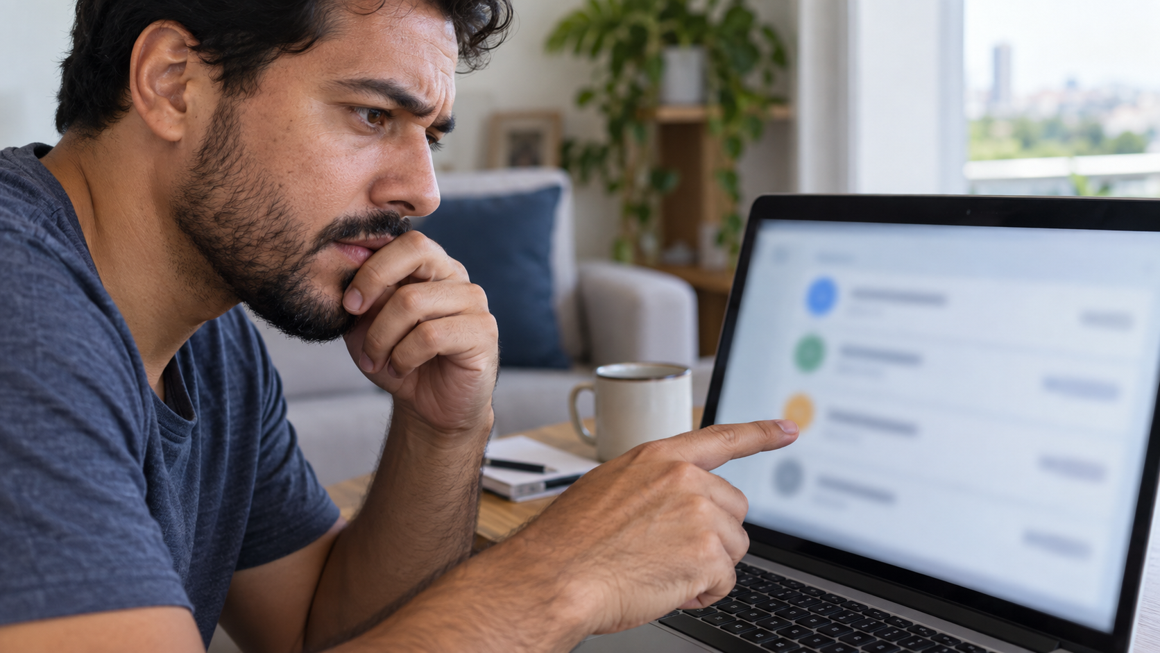 Homem examina no computador uma lista ilustrativa de relacionamentos financeiros.