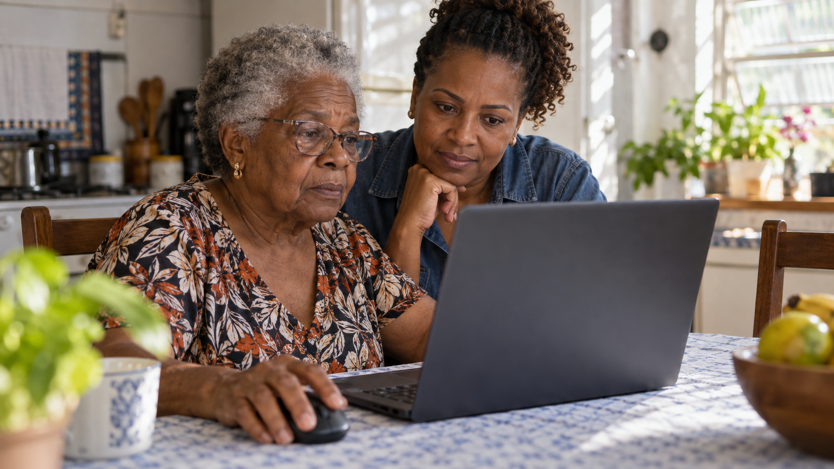 Mulher idosa e familiar conferem juntas informações em um computador.