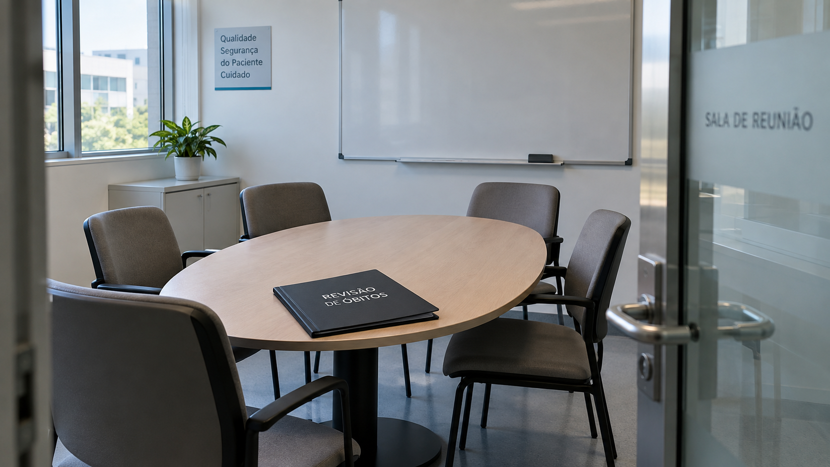Sala clínica de reunião vazia, com cinco cadeiras e pasta de revisão de óbitos.