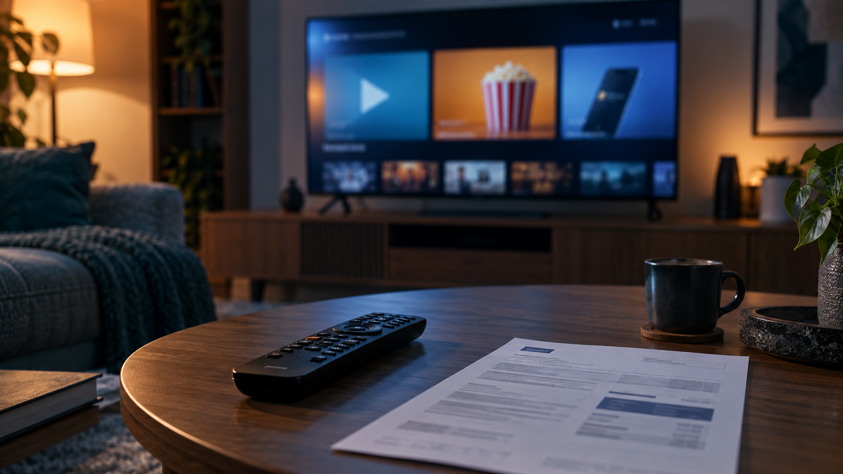Controle remoto e fatura fictícia diante de televisão genérica com blocos abstratos de streaming.